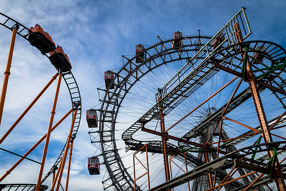 Multiple amusement park rides converge